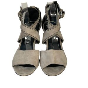 Coach Henny Beige Suede Crisscross Ankle Buckle Whipstitch Open Toe Heel Shoe 10